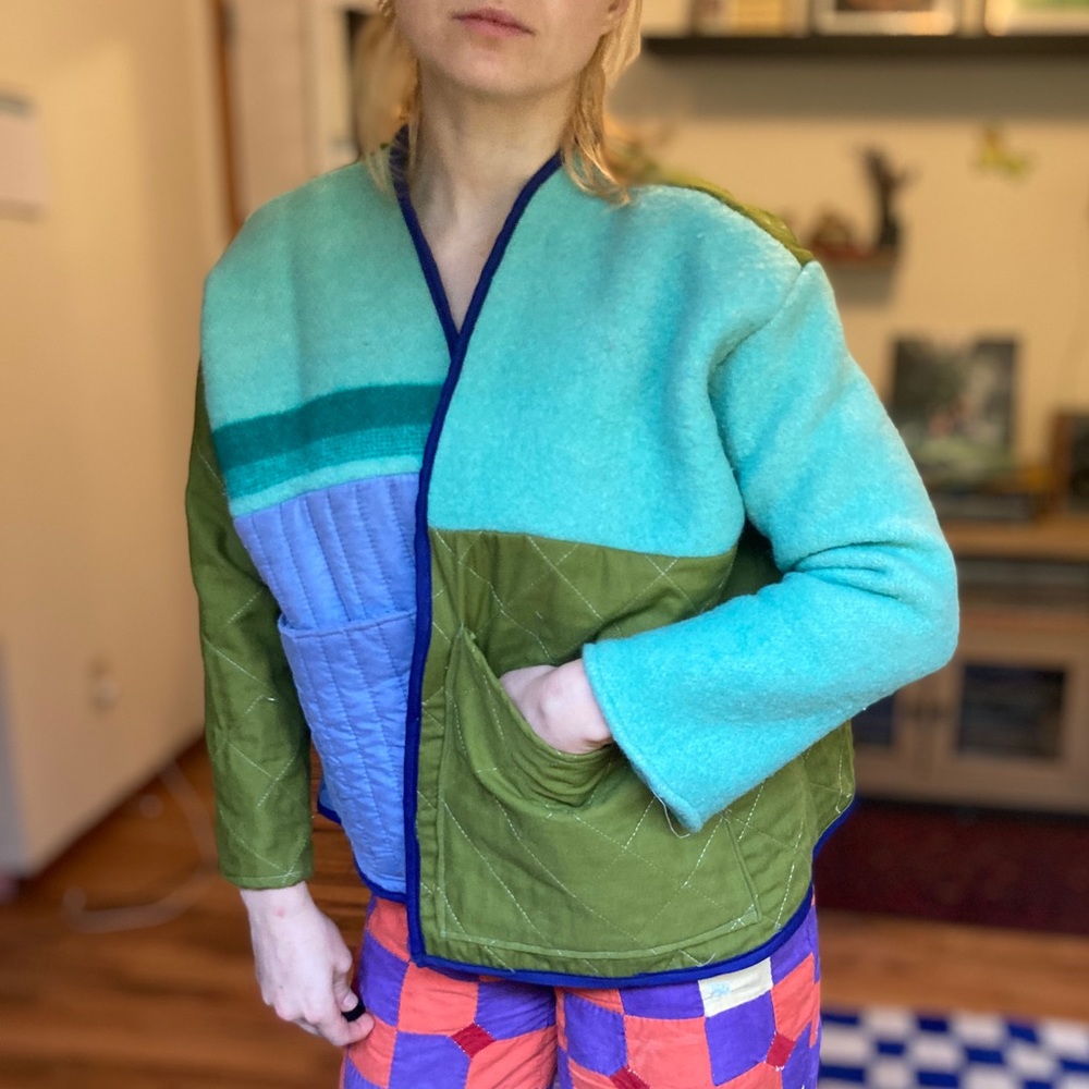 Handmade patchwork vintage quilt and wool blanket pieces chore coat.
